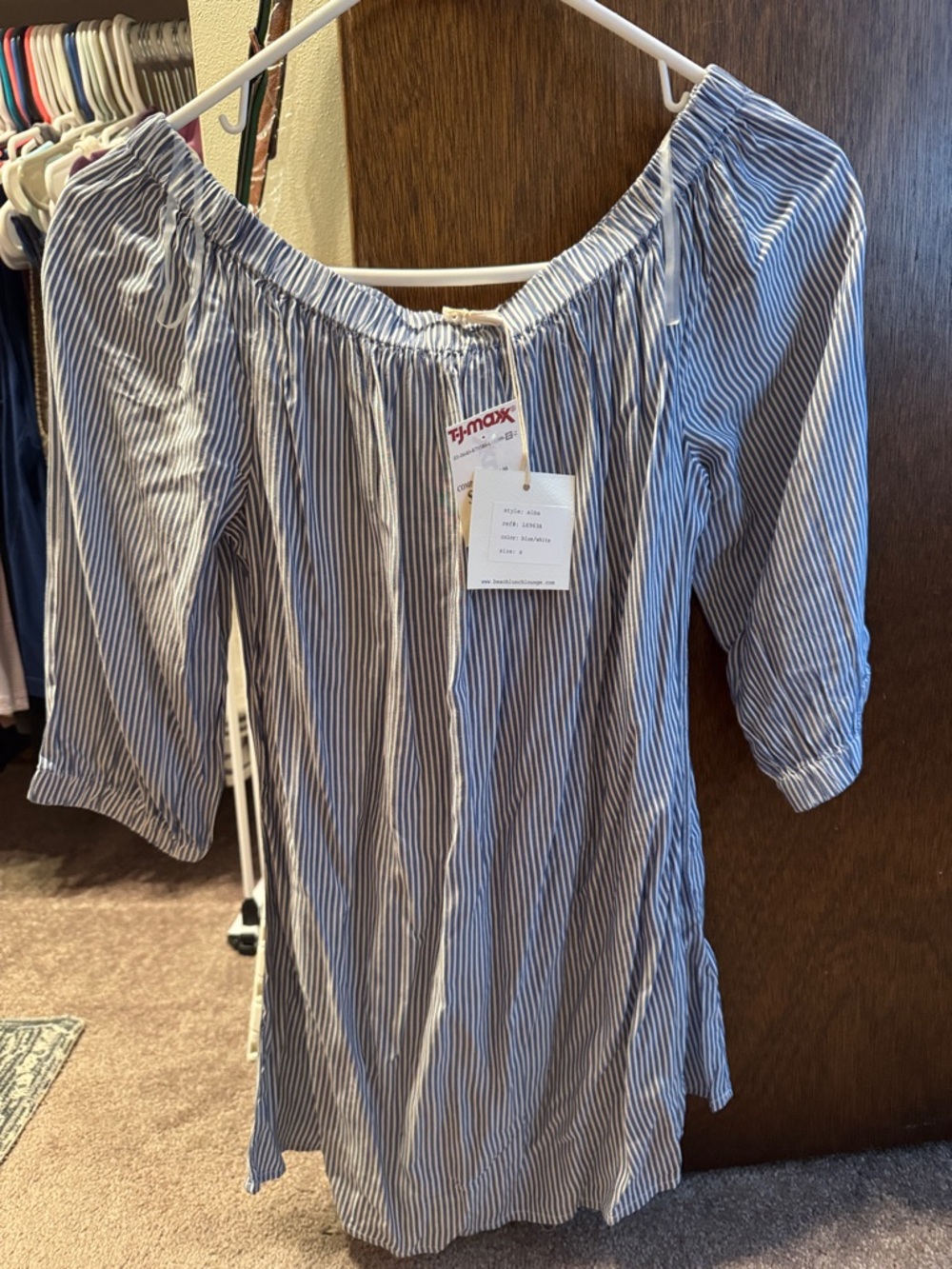 beachlunchlounge Blue and White Striped Off-Shoulder Tunic